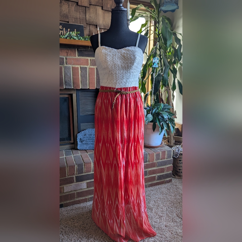 Lily Rose White Lace Top with colorful red bottom dress.